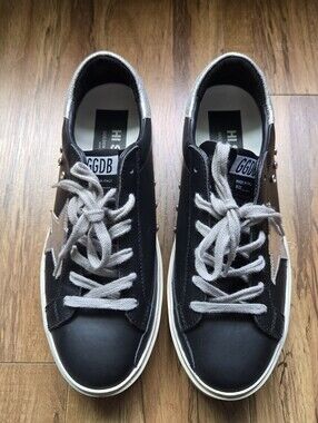 Golden Goose Black Leather Hi Star Hi-Top Sneakers with Silver Star 39 Womens